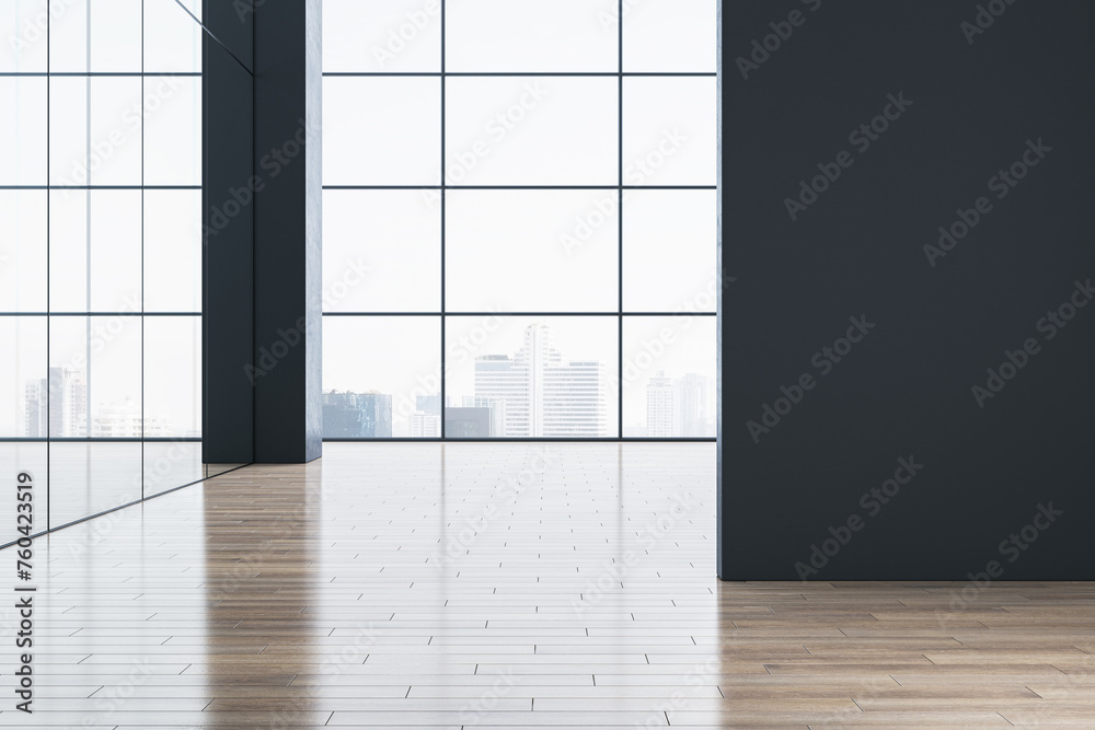 Poster modern concrete office hallway with mock up place on wall, panoramic window, wooden flooring, reflec