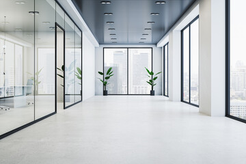 Modern glass office corridor interior with concrete flooring, window with city view and reflections. 3D Rendering.