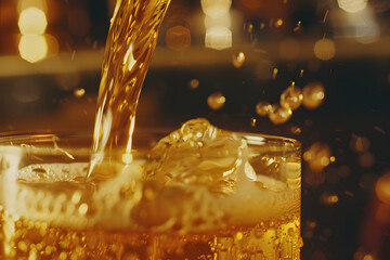 Close up of detail of pouring beer into glass