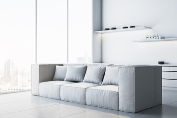 Clean white couch in kitchen with panoramic window and city view. 3D Rendering.