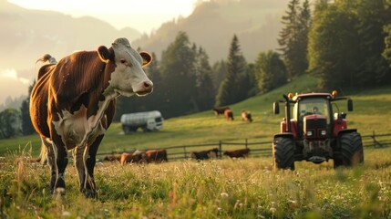 cattle and tractor's in the foreground a calf, morning, peach light, vibrant colors