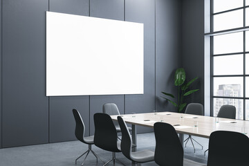 Modern meeting room interior with blank white mock up banner, window and city view. 3D Rendering.