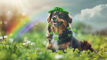 Sitting dog in a clover meadow, green hat on its head, a colorful rainbow in the background, concept: St. Patricks Day, copy space, 16:9