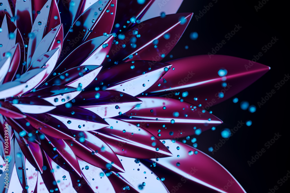 Poster Close up of an abstract metallic flower with cyan and magenta petals, glowing particles on a dark background. 3D Rendering