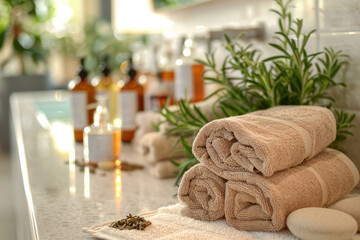 Obraz na płótnie Canvas A white countertop with a stack of towels and a few other items. Towels with herbal bags and beauty treatment items setting in spa center in white room. Spa and body relaxation concept