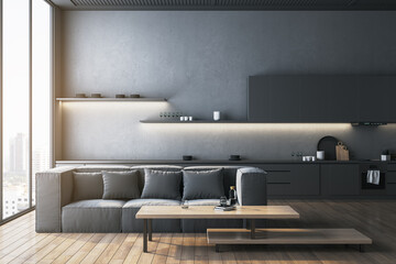 Modern gray couch in kitchen with panoramic window and city view. 3D Rendering.