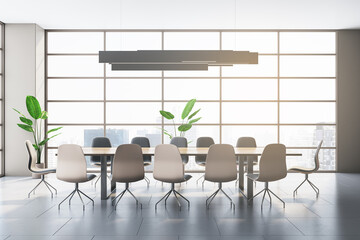 Bright conference room interior with window and city view. 3D Rendering.