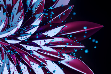 Close up of an abstract metallic flower with cyan and magenta petals, glowing particles on a dark...