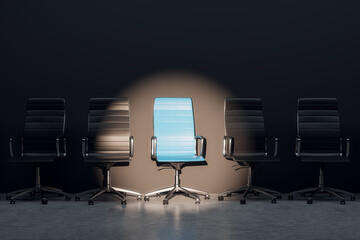 Job interview, recruitment concepts. Row of chairs with one odd one out. Job opportunity. Blue chair in spotlight. Business leadership. 3D Rendering.