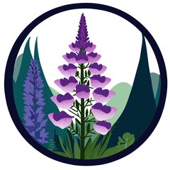 A tall foxglove with purple flowers stands in a field of green grass. © Myartsam Design