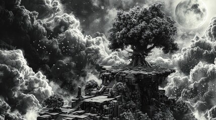 Fantasy World's Isolated Giant Tree Laden with Fruits in a Disturbing Hellish Atmosphere
