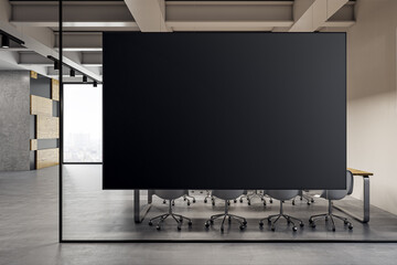 Modern conference room with blank black mock up banner, glass, window and wooden elements. 3D Rendering.