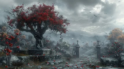 Fotobehang An Ancient Tree with Red Leaves in a Desolate Graveyard Amidst a Hellish Landscape © Sittichok