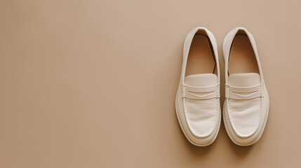White lather loafer mules shoes on beige with  copy space. generative ai 