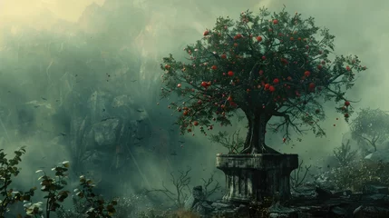 Rollo Red-Fruited Tree on Ancient Pedestal in Foggy Valley - Concept Art Masterpiece © Sittichok