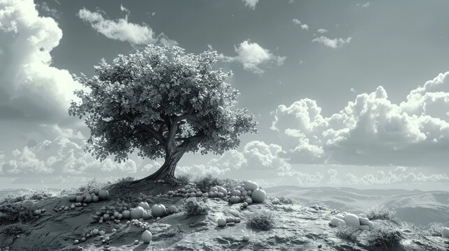 Black and White Tree on Hill Surrounded by Fruitful Bounty in a Surreal Landscape