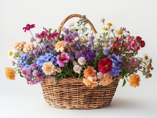 Many types of summer flowers, bright colors, refreshing to see. In a woven basket. White background. The object can be separated from the background.