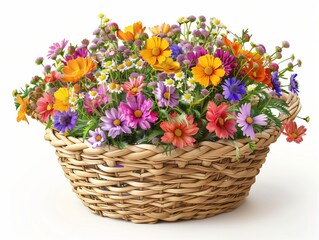 Many types of summer flowers, bright colors, refreshing to see. In a woven basket. White background. The object can be separated from the background.