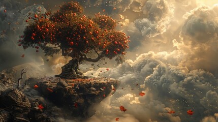 An Ancient Tree of Red Fruits on the Edge of a Dreamlike Cliff in a Golden Light