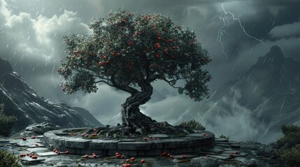 Storm-Shrouded Tree of Life on Ancient Platform: A Majestic Silhouette Amidst Dark Fantasy Landscape
