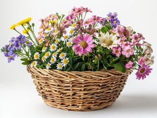 Many types of summer flowers, bright colors, refreshing to see. In a woven basket. White background. The object can be separated from the background.