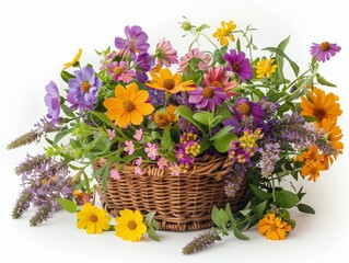 Many types of summer flowers, bright colors, refreshing to see. In a woven basket. White background. The object can be separated from the background.