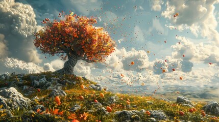 Autumn Tree adorned with Fruits and Flowers Blossoms on a Secluded Grassy Knoll - obrazy, fototapety, plakaty