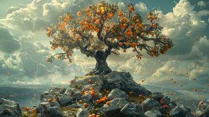 Alone Tree on a Hillock Festooned with Fruits Amidst Falling Oranges in a Surreal Sky - obrazy, fototapety, plakaty