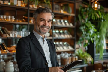 full body of a business man restaurant manager 50 years old smiling with a tablet device