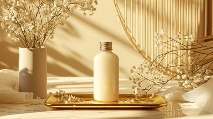 Fototapeta premium A bottle of cosmetic cream on a golden podium on a beautiful beige background with flowers and shadows.