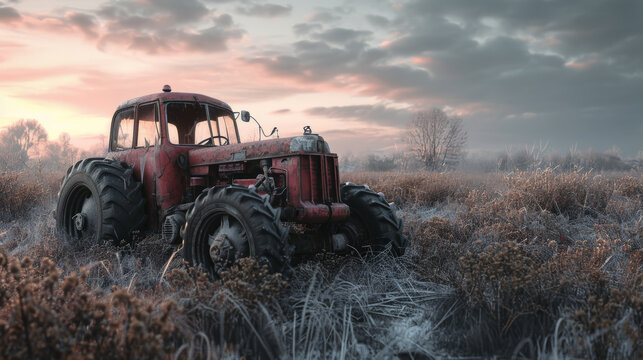An abandoned, old, rusty tractor sits solemnly in a desolate field, its weathered exterior bearing witness to years gone by.