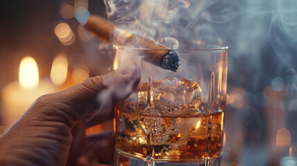 Nostalgic Charm: A vintage-inspired image evoking the glamour and sophistication of bygone eras, with the glass of whiskey or cognac and the smoking cigar. Generative AI