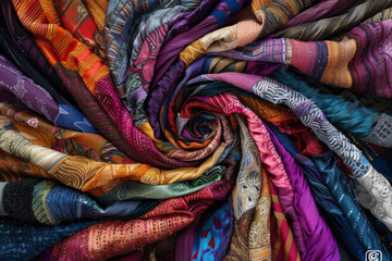 Colorful fabric twisted in a spiral, creating a dynamic and vibrant background.