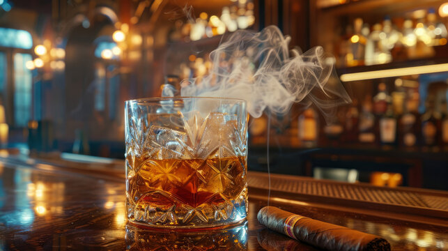 Classic Elegance: A sophisticated image featuring a crystal glass filled with whiskey or cognac, adorned with ice cubes, and accompanied by a smoking cigar. Generative AI