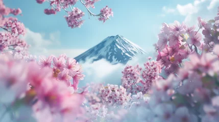 Fotobehang Travel Japan, Japanese cherry blossom flower pink Sakura flowers with Fuji mountain, Japan spring scenic. © torjrtrx