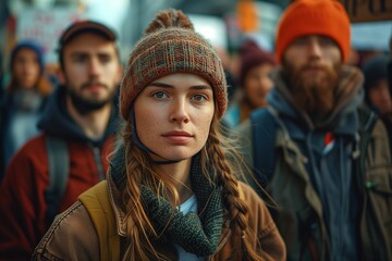 Fototapeta premium A man in a jacket and headgear, with a beard and scarf, stands in a crowd on a busy street, exuding a sense of urban style and individuality