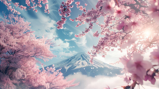 Travel Japan, Japanese cherry blossom flower pink Sakura flowers with Fuji mountain, Japan spring scenic.