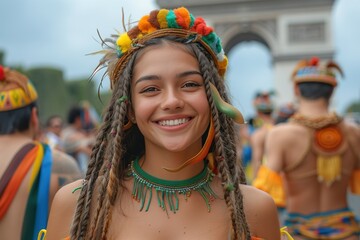 A joyful woman showcasing her vibrant personality and stylish fashion sense at a lively outdoor carnival, radiating happiness through her bright smile and fashionable accessories - obrazy, fototapety, plakaty