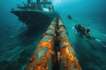 A captivating underwater scene featuring divers alongside a gigantic pipeline with a sunken ship in the background - obrazy, fototapety, plakaty