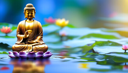A Zen Buddha statue sitting on a small bridge over a pond with water lilies