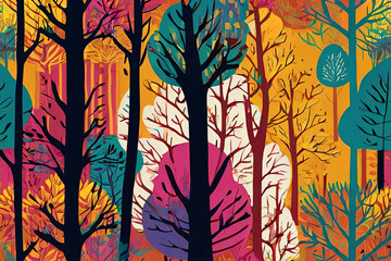 Risograph-style prints. Stylized trees on vibrant, multicolored backgrounds. Seamless pattern design