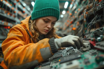 A skilled technician, her face focused and determined, wearing a vibrant green hat as she carefully works on a circuit board in the bustling factory, showcasing her expertise in the world of electron