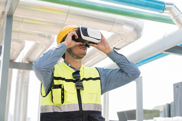 Male engineer using virtual reality headset inspecting quality of water pipes system at rooftop of building. Male plumber wearing virtual reality headset for inspecting water pipes network system