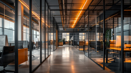 a modern office setting with glass partitions creating individual workspaces along a corridor - obrazy, fototapety, plakaty