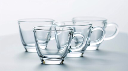 Vacant transparent coffee mugs against a blank white backdrop.