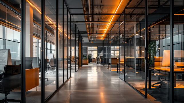 a modern office setting with glass partitions creating individual workspaces along a corridor