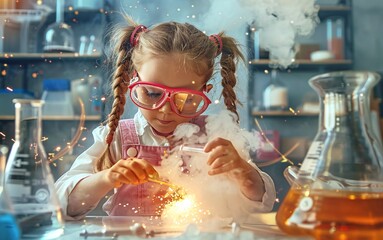 A comical young girl conducting experiments in the lab with a blast, exploring science and learning.