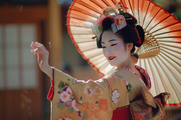 A geisha in an exquisite kimono gracefully holds a traditional Japanese umbrella, showcasing the elegance of cultural heritage.