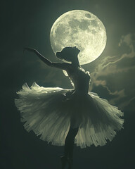 A silhouette of a ballet dancer posing with elegance against the luminous backdrop of a full moon...