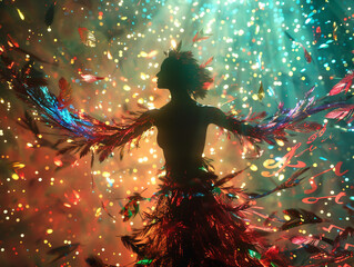 A person's silhouette adorned with vibrant, light-reflective feathers stands amidst a colorful bokeh light effect, creating a festive atmosphere.